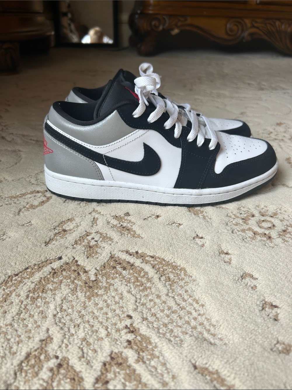 Nike Air Jordan 1 Low Black White Silver with Red Logo